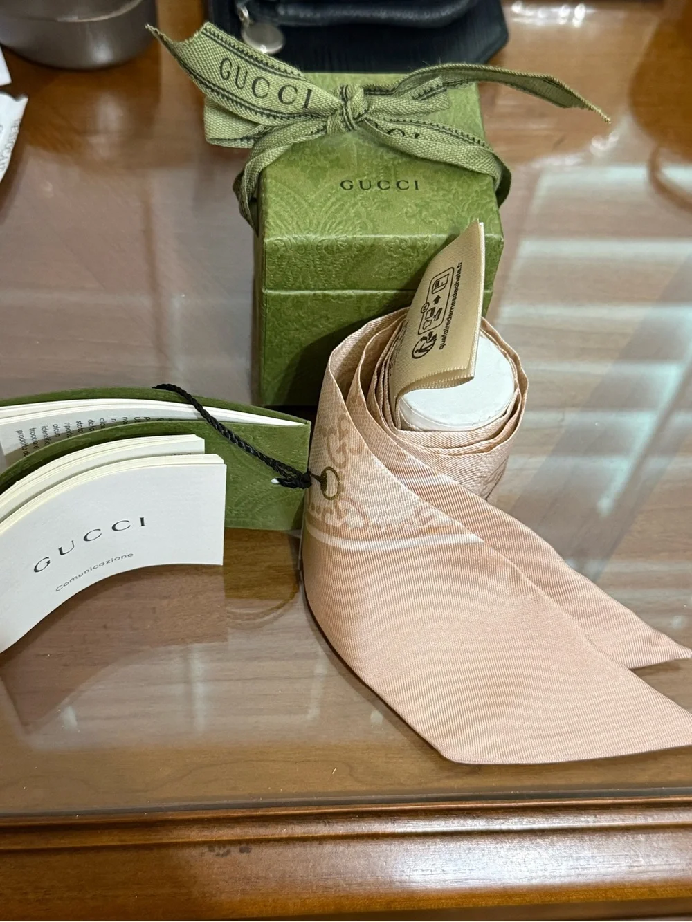 GUCCI GG Horse-bit Pale Pink Silk Twilly Scarf